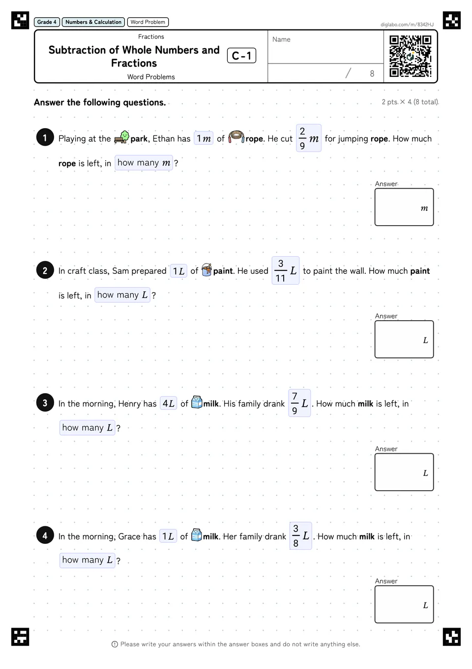 Grade 4 (Elementary School) Fractions Subtraction of Whole Numbers and Fractions