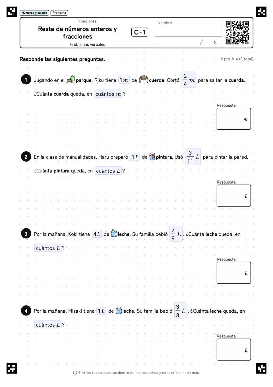 Resta de números enteros y fracciones C-1