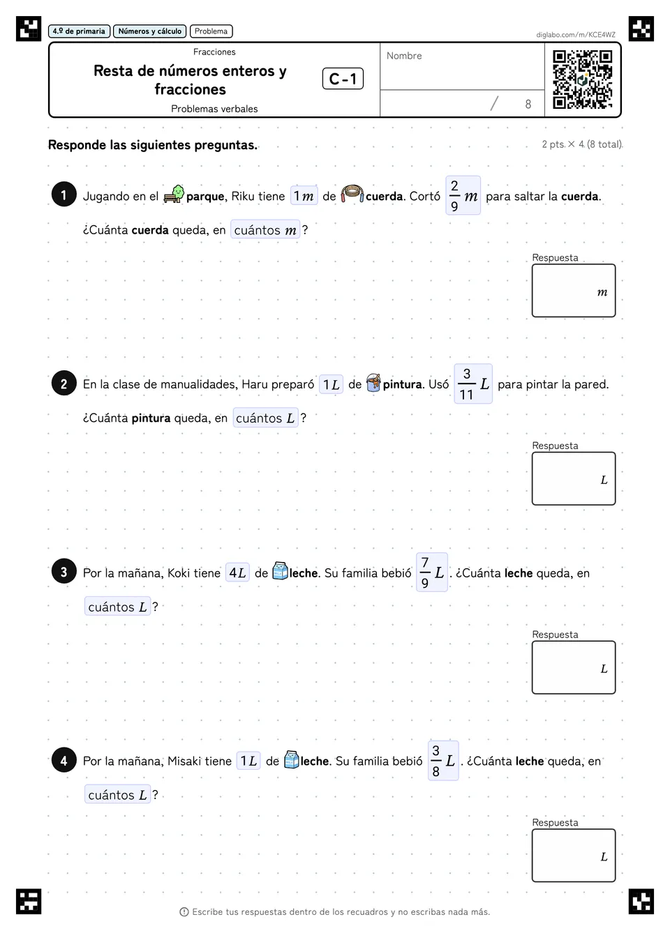 4.º de primaria Fracciones Resta de números enteros y fracciones