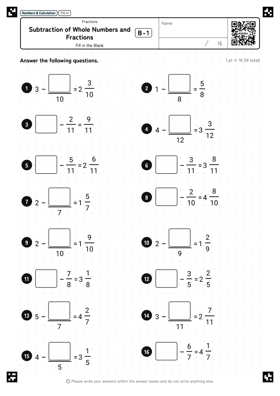 Subtraction of Whole Numbers and Fractions B-1