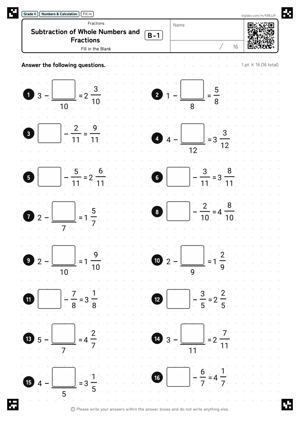 Grade 4 (Elementary School) Fractions Subtraction of Whole Numbers and Fractions