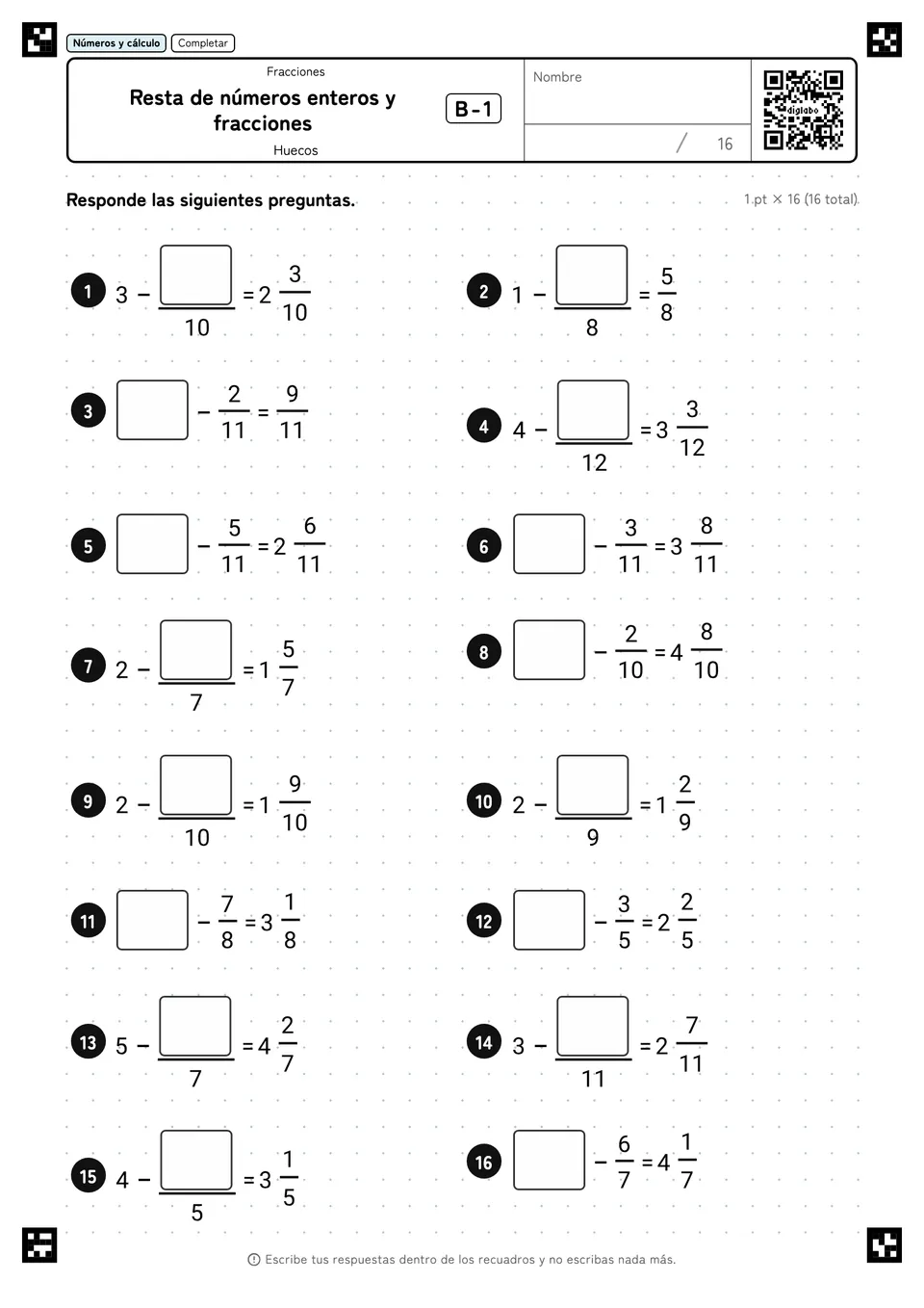 Resta de números enteros y fracciones B-1