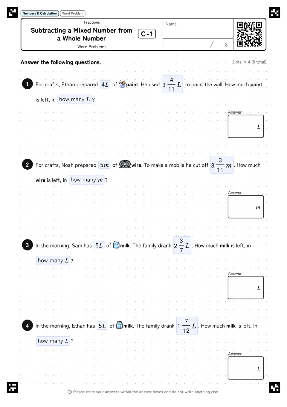 Subtracting a Mixed Number from a Whole Number C-1