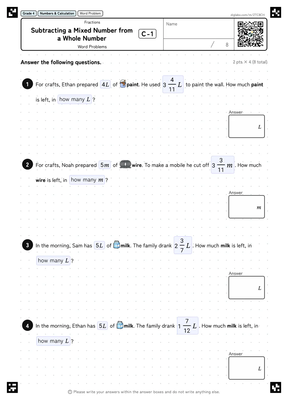 Grade 4 (Elementary School) Fractions Subtracting a Mixed Number from a Whole Number