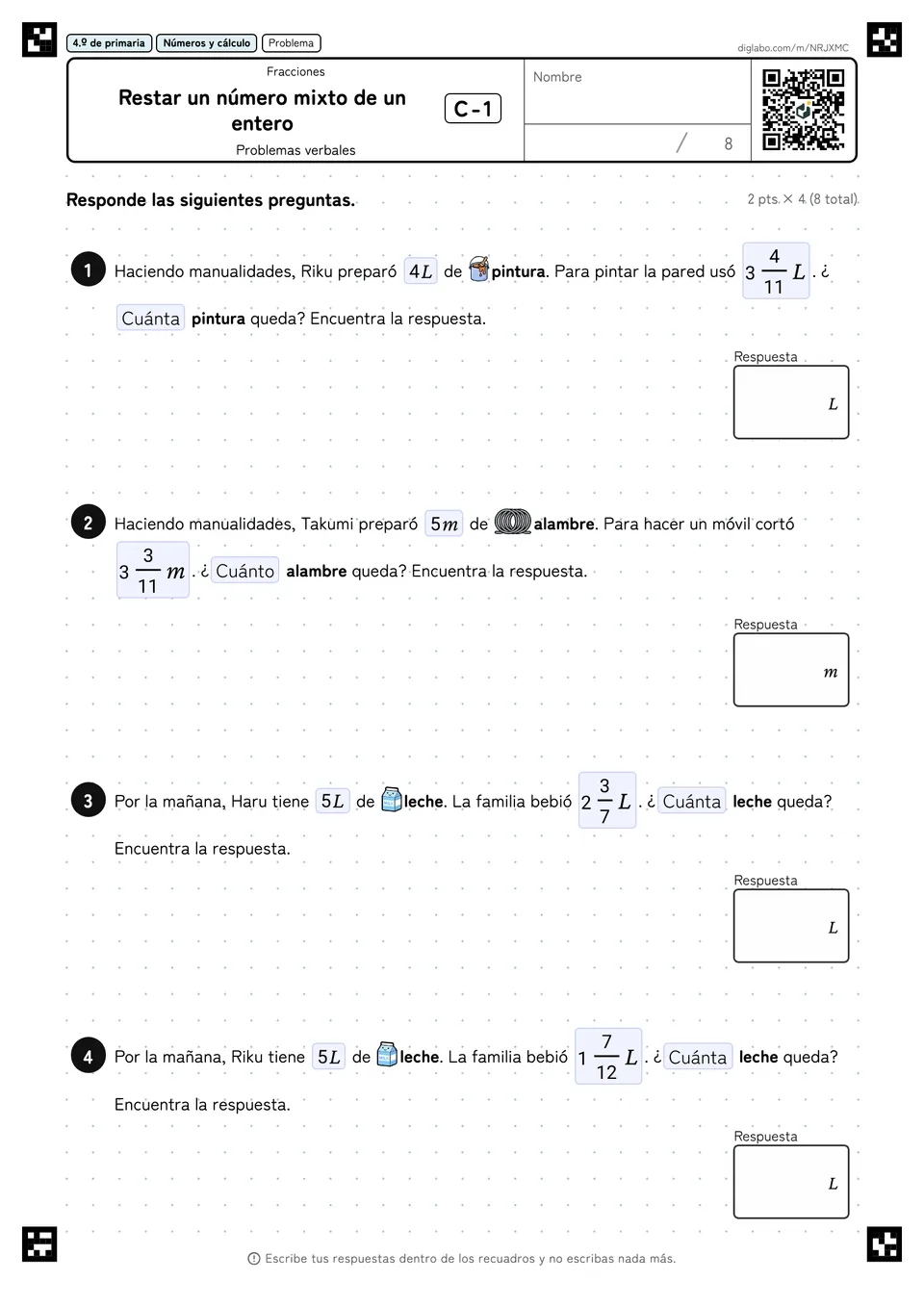 4.º de primaria Fracciones Restar un número mixto de un entero
