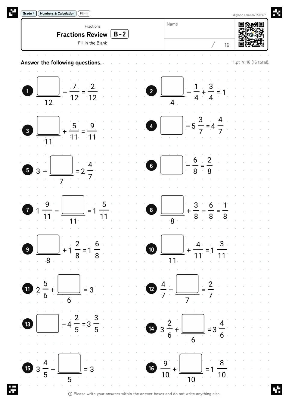 Grade 4 (Elementary School) Fractions Fractions Review