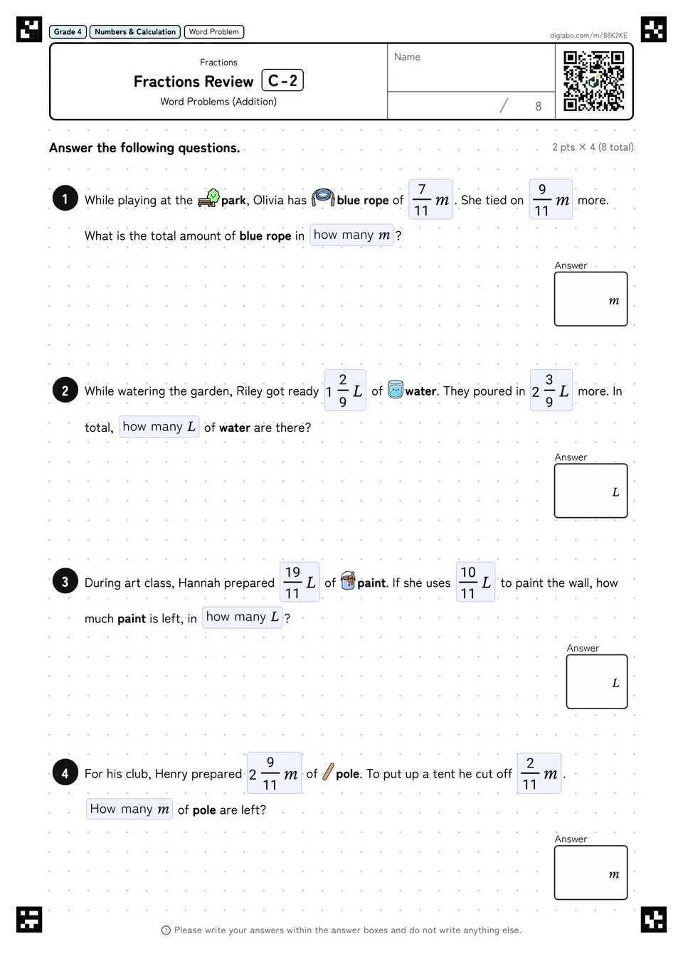 Grade 4 (Elementary School) Fractions Fractions Review