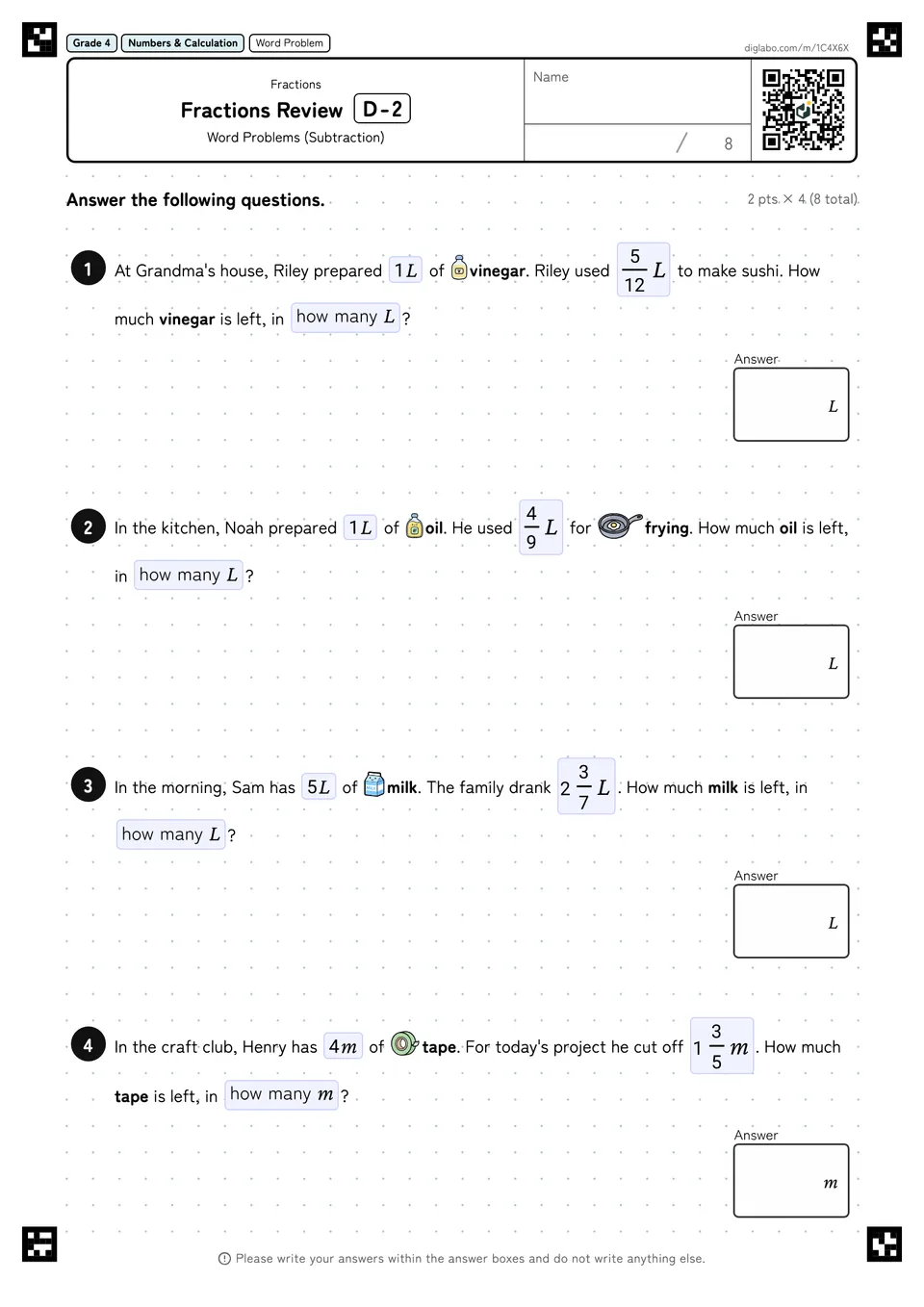 Grade 4 (Elementary School) Fractions Fractions Review