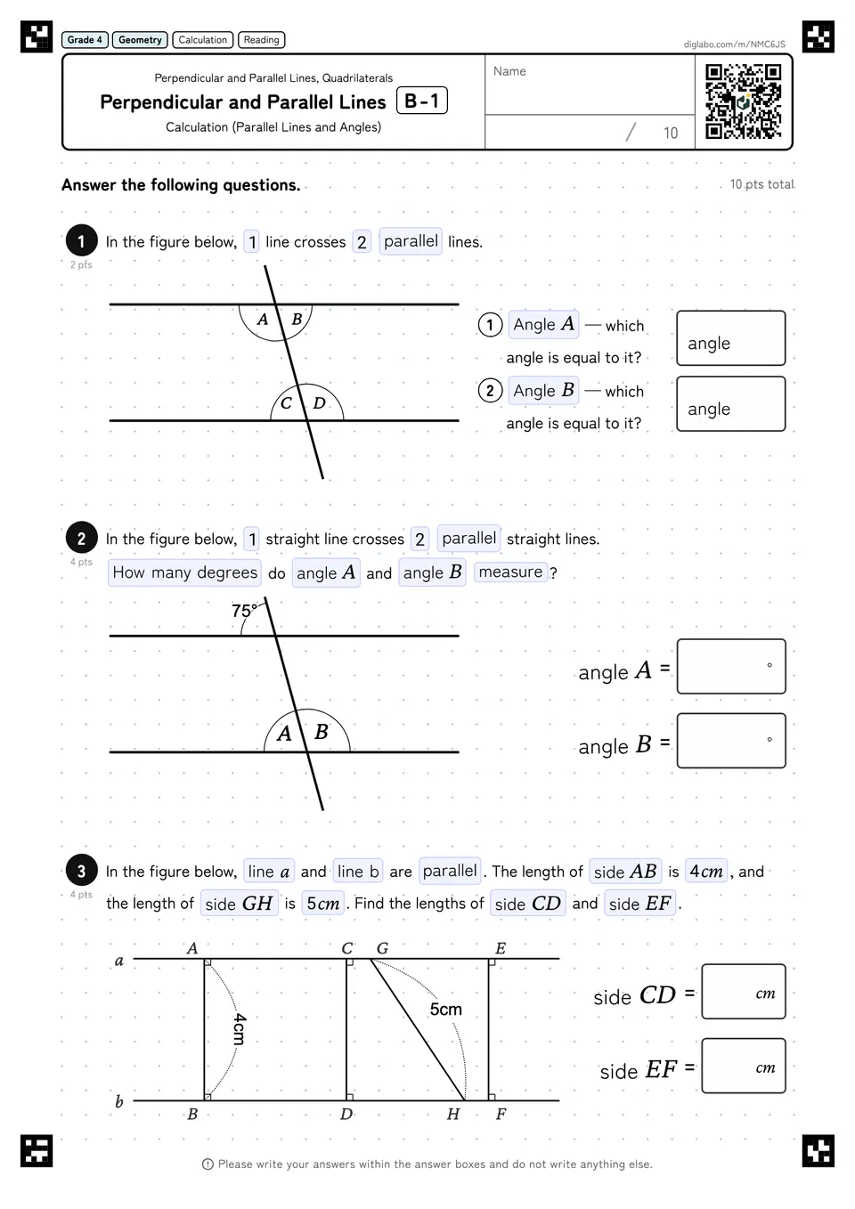 Grade 4 (Elementary School) Perpendicular and Parallel Lines, Quadrilaterals Perpendicular and Parallel Lines