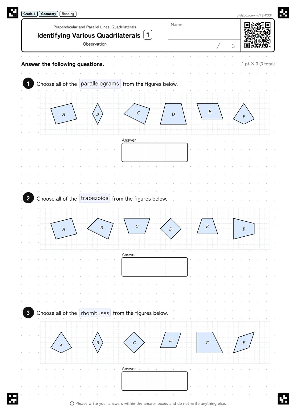 Grade 4 (Elementary School) Perpendicular and Parallel Lines, Quadrilaterals Identifying Various Quadrilaterals
