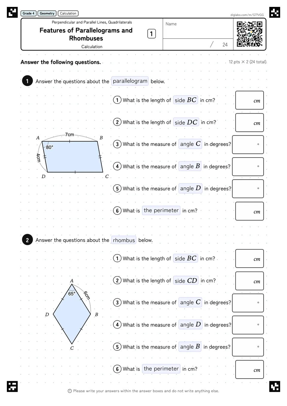 Grade 4 (Elementary School) Perpendicular and Parallel Lines, Quadrilaterals Features of Parallelograms and Rhombuses