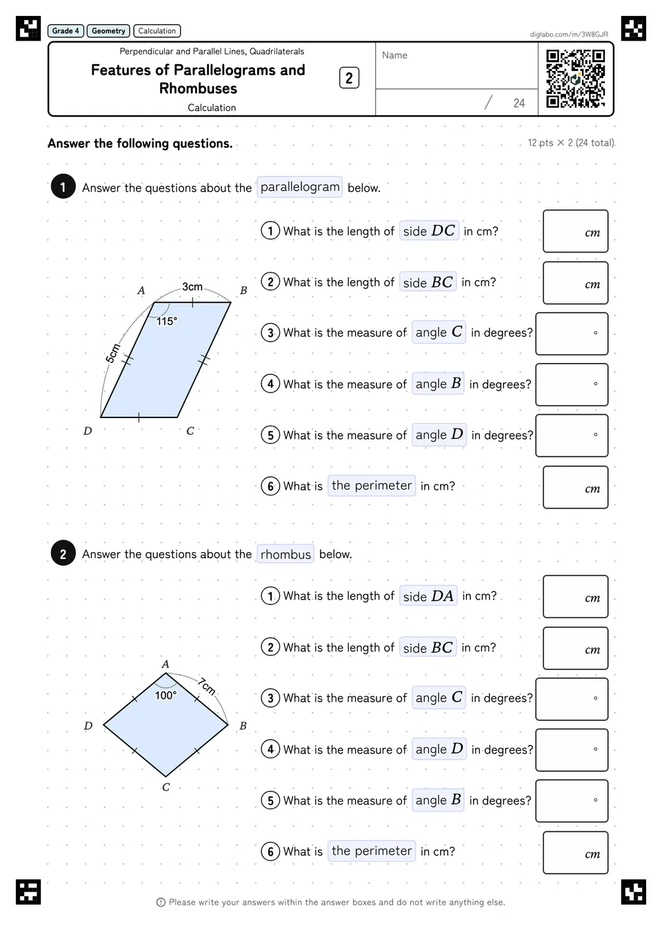 Grade 4 (Elementary School) Perpendicular and Parallel Lines, Quadrilaterals Features of Parallelograms and Rhombuses