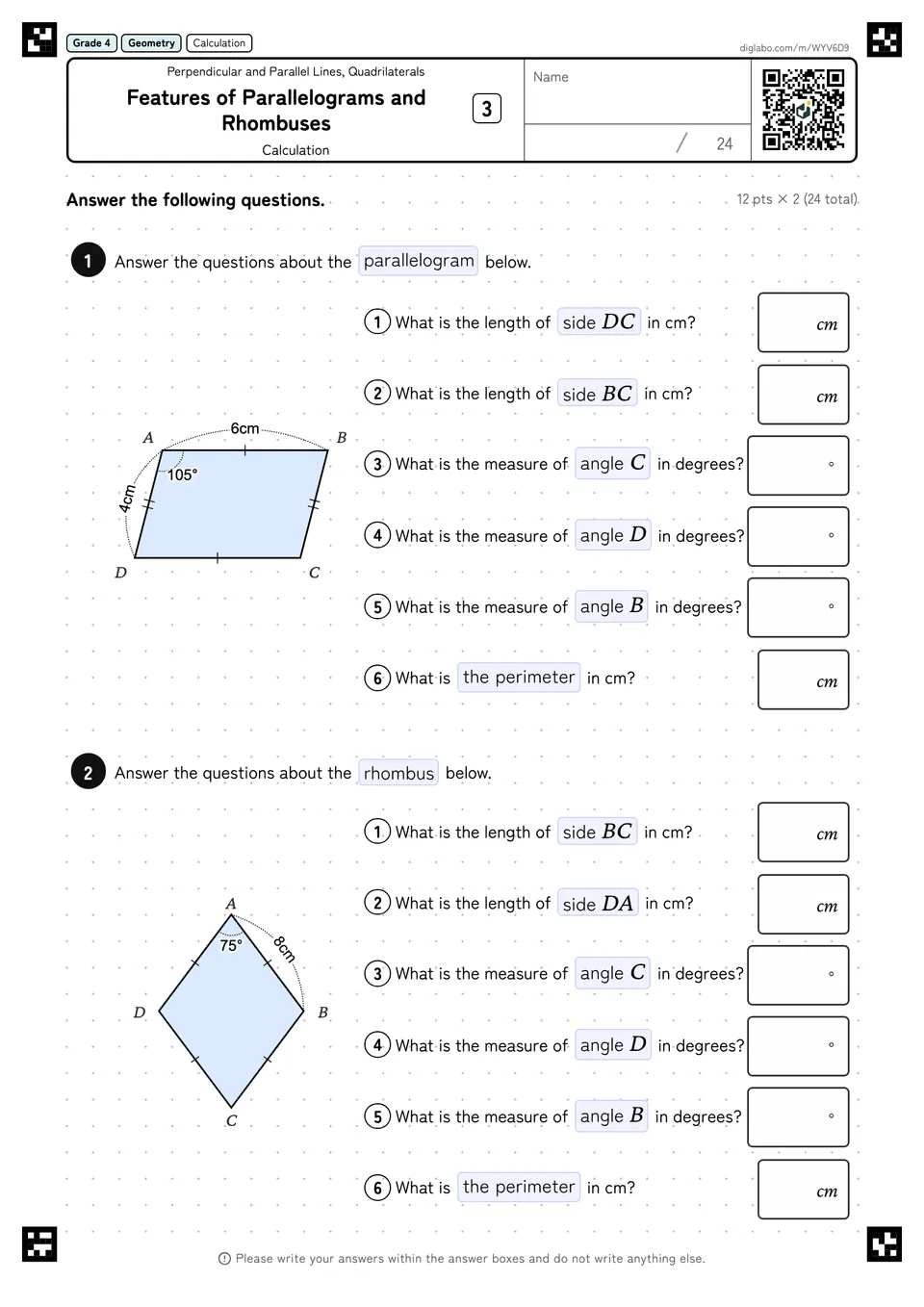 Grade 4 (Elementary School) Perpendicular and Parallel Lines, Quadrilaterals Features of Parallelograms and Rhombuses
