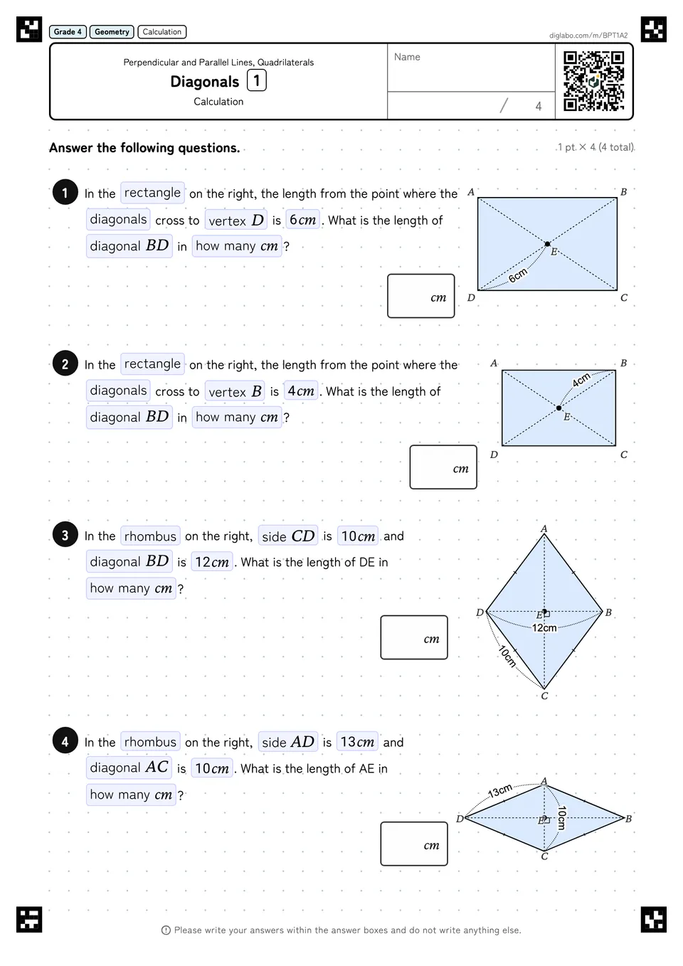 Grade 4 (Elementary School) Perpendicular and Parallel Lines, Quadrilaterals Diagonals