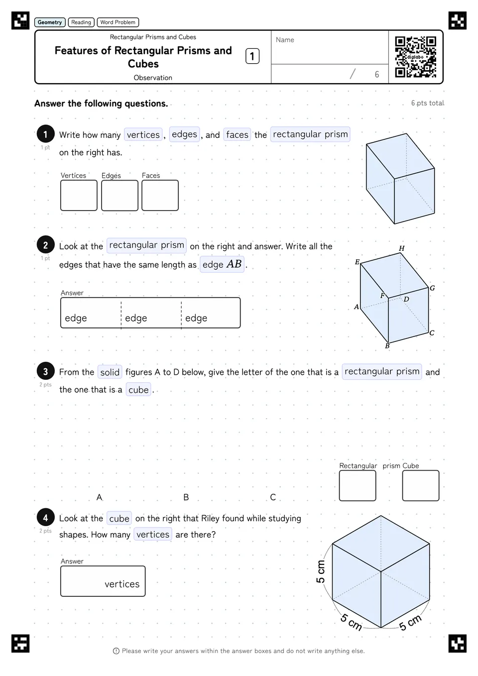 Features of Rectangular Prisms and Cubes 1