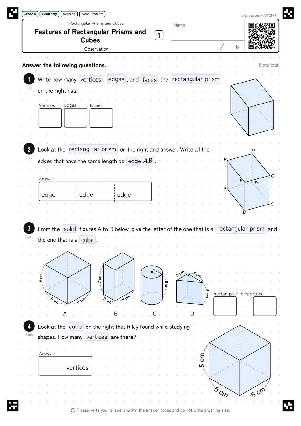 Grade 4 (Elementary School) Rectangular Prisms and Cubes Features of Rectangular Prisms and Cubes