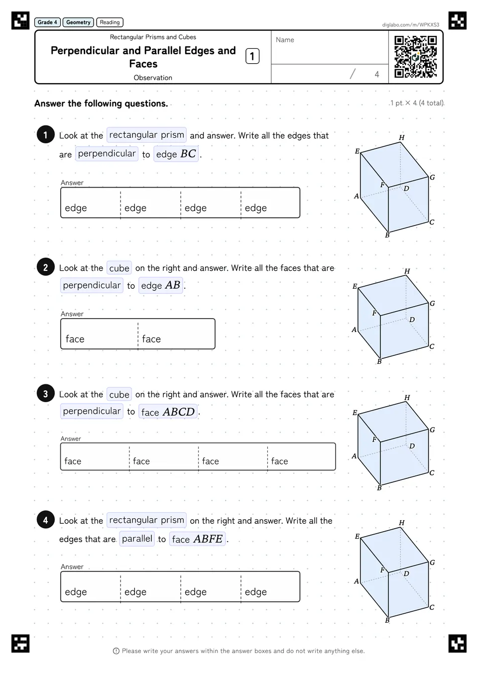 Grade 4 (Elementary School) Rectangular Prisms and Cubes Perpendicular and Parallel Edges and Faces
