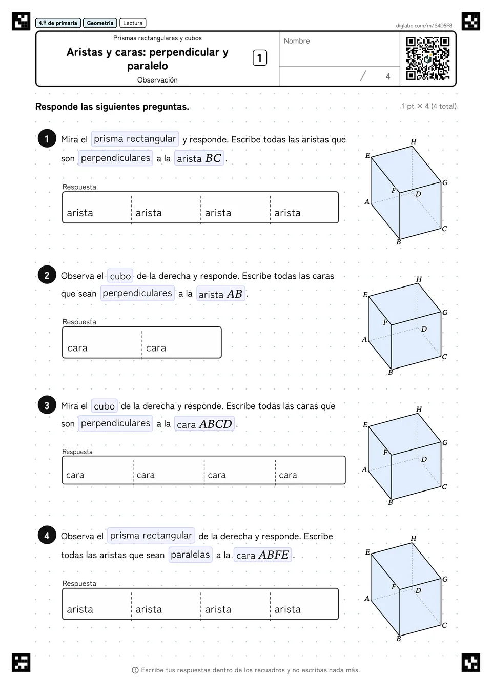 4.º de primaria Prismas rectangulares y cubos Aristas y caras: perpendicular y paralelo