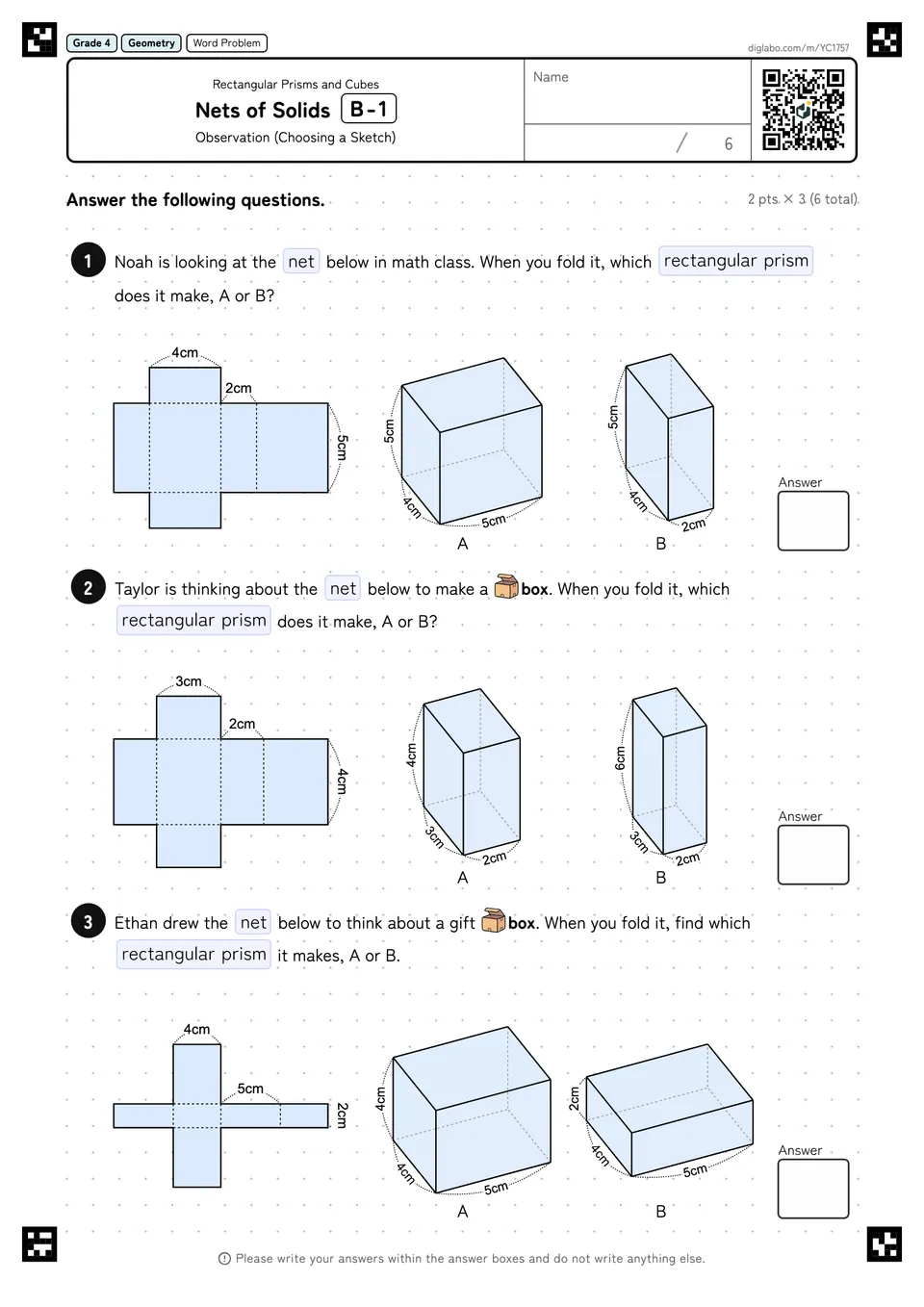 Grade 4 (Elementary School) Rectangular Prisms and Cubes Nets of Solids