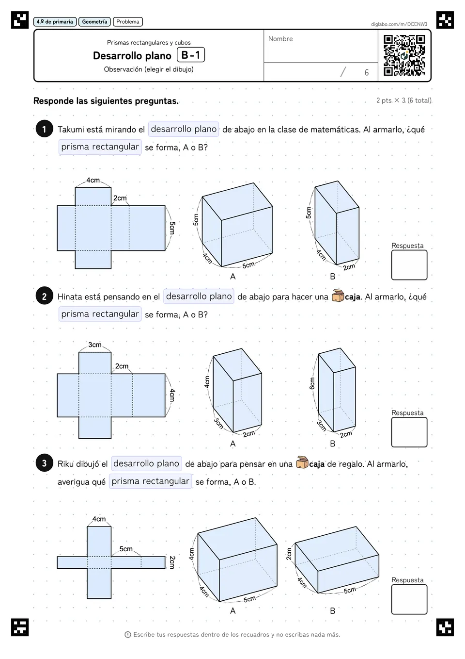 4.º de primaria Prismas rectangulares y cubos Desarrollo plano