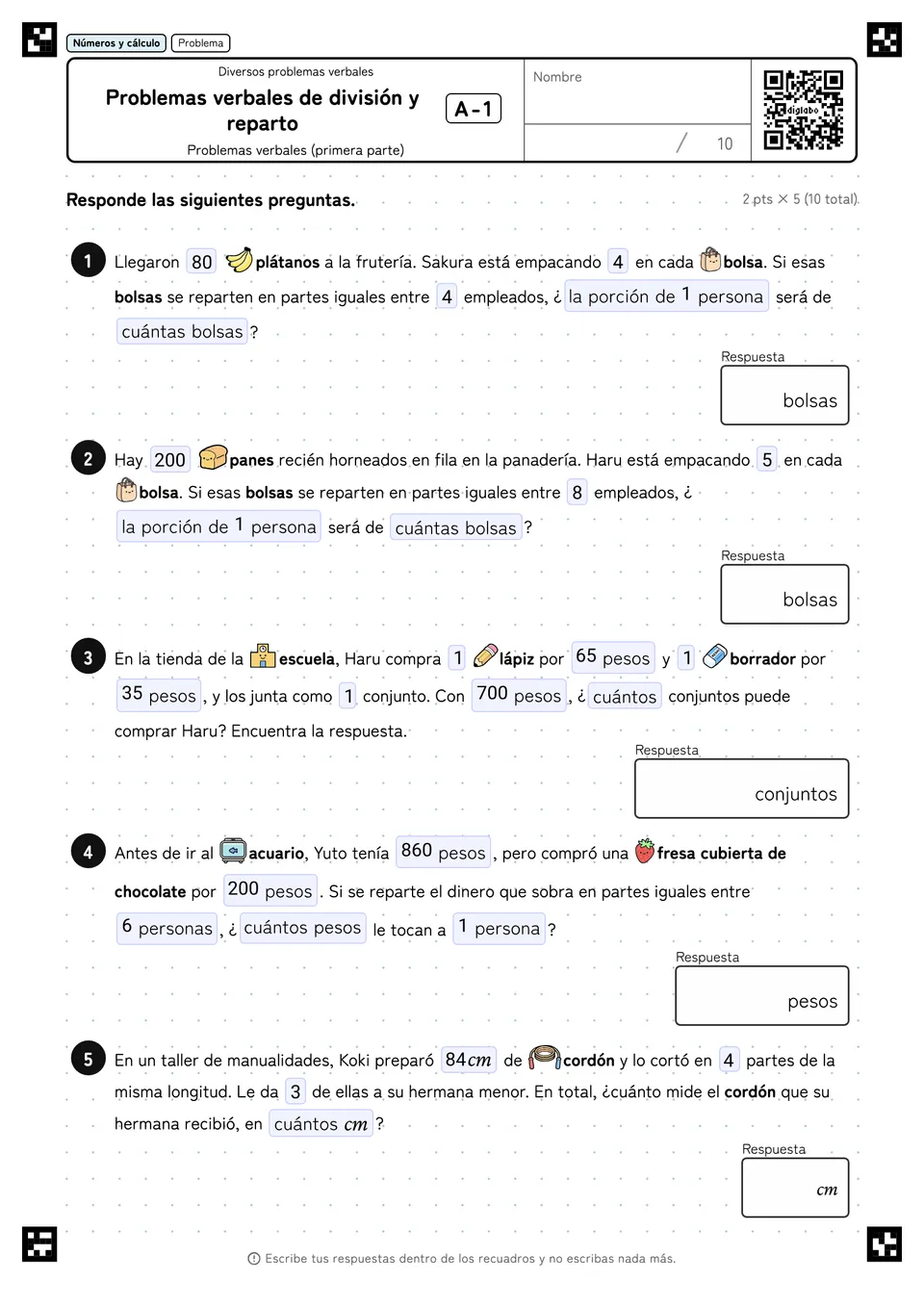 Problemas verbales de división y reparto A-1