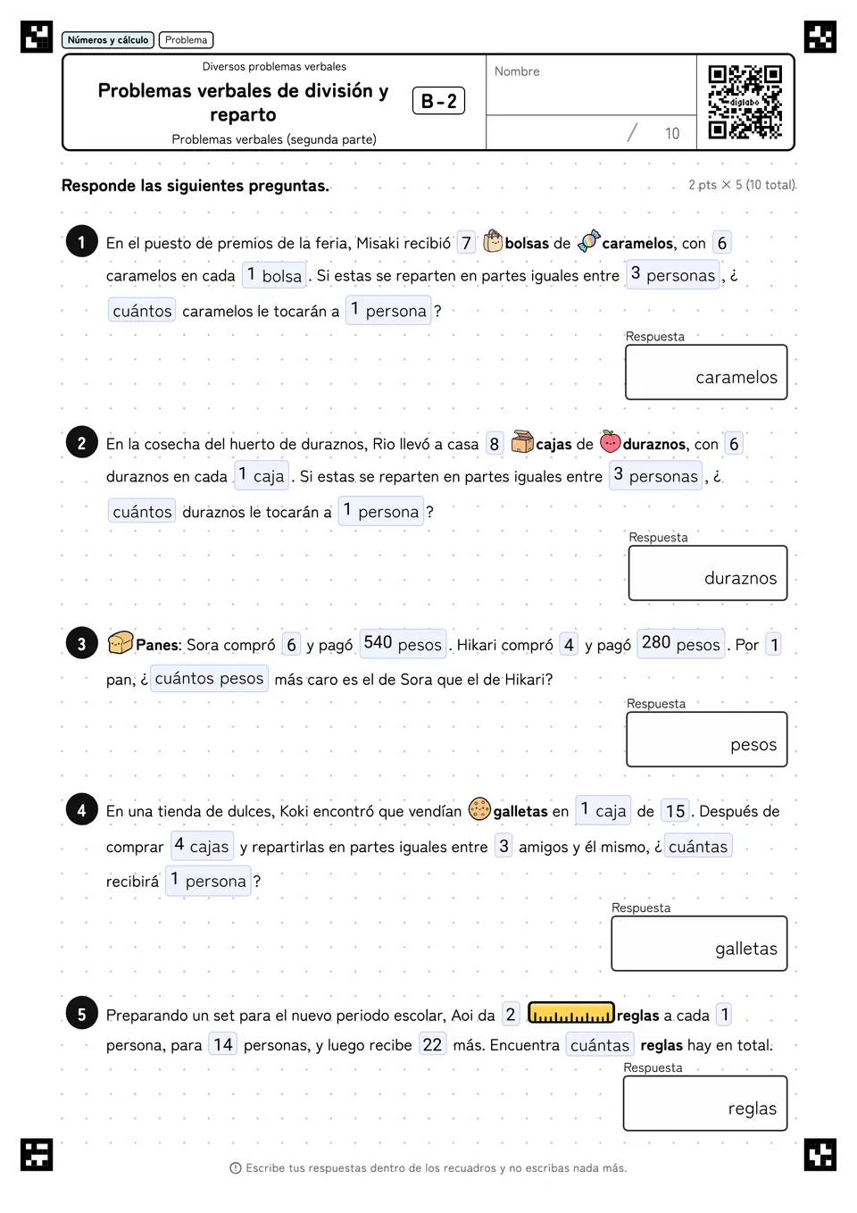 Problemas verbales de división y reparto B-2