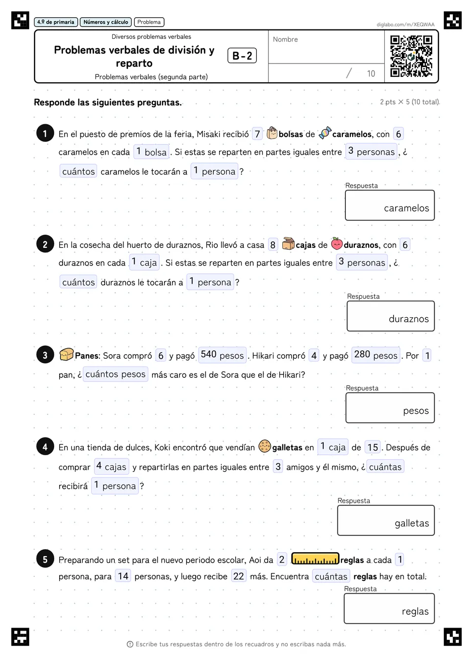 4.º de primaria Diversos problemas verbales Problemas verbales de división y reparto