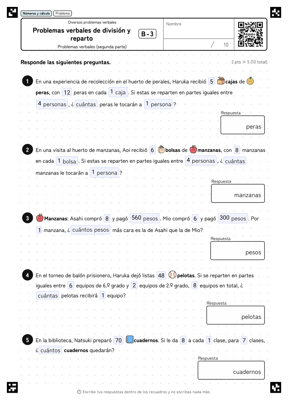 Problemas verbales de división y reparto B-3