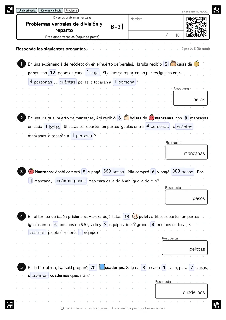 4.º de primaria Diversos problemas verbales Problemas verbales de división y reparto