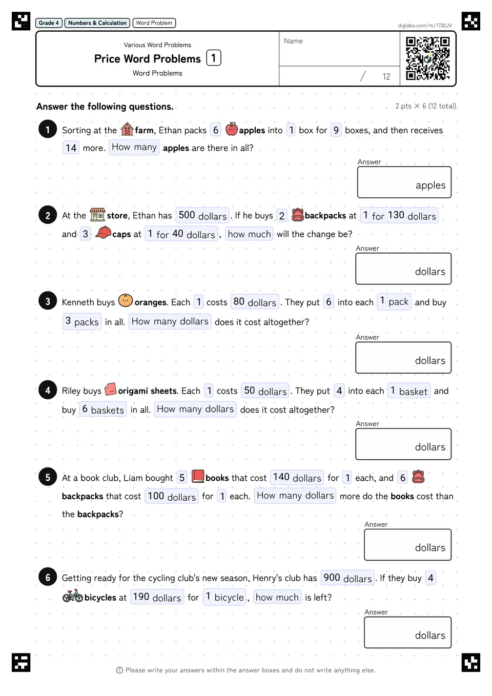 Grade 4 (Elementary School) Various Word Problems Price Word Problems
