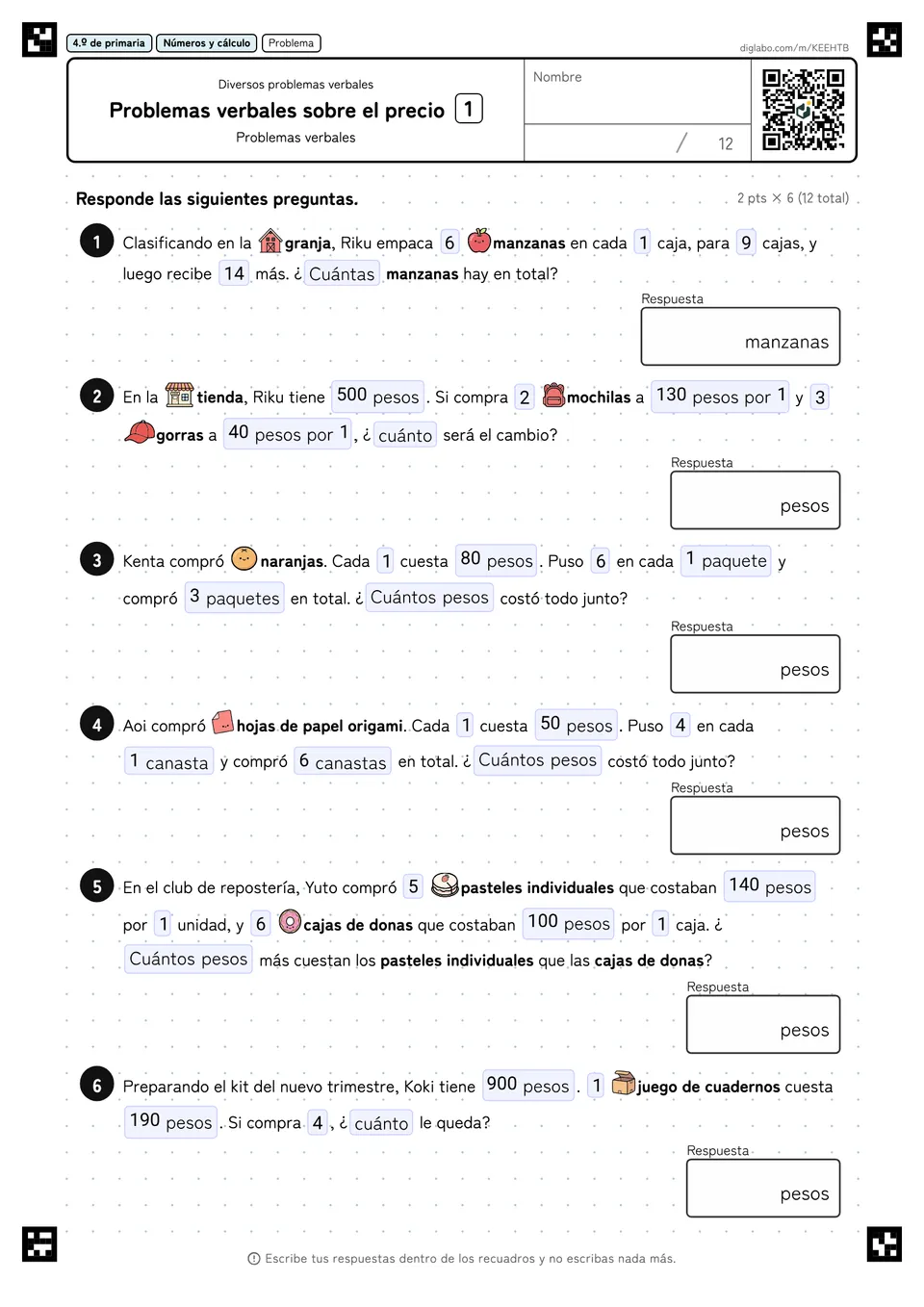 4.º de primaria Diversos problemas verbales Problemas verbales sobre el precio