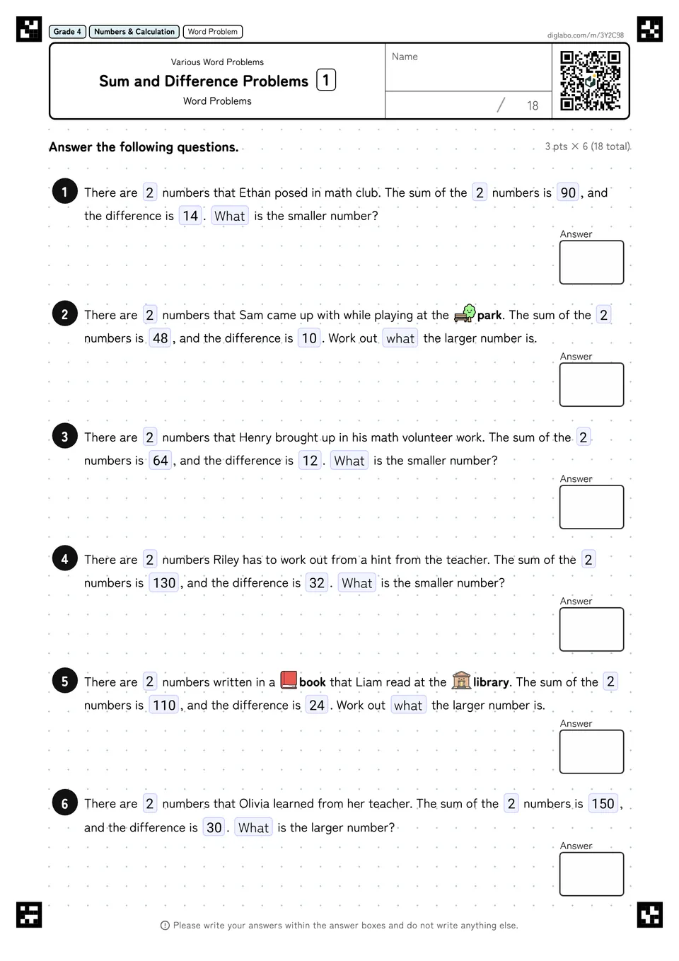 Grade 4 (Elementary School) Various Word Problems Sum and Difference Problems