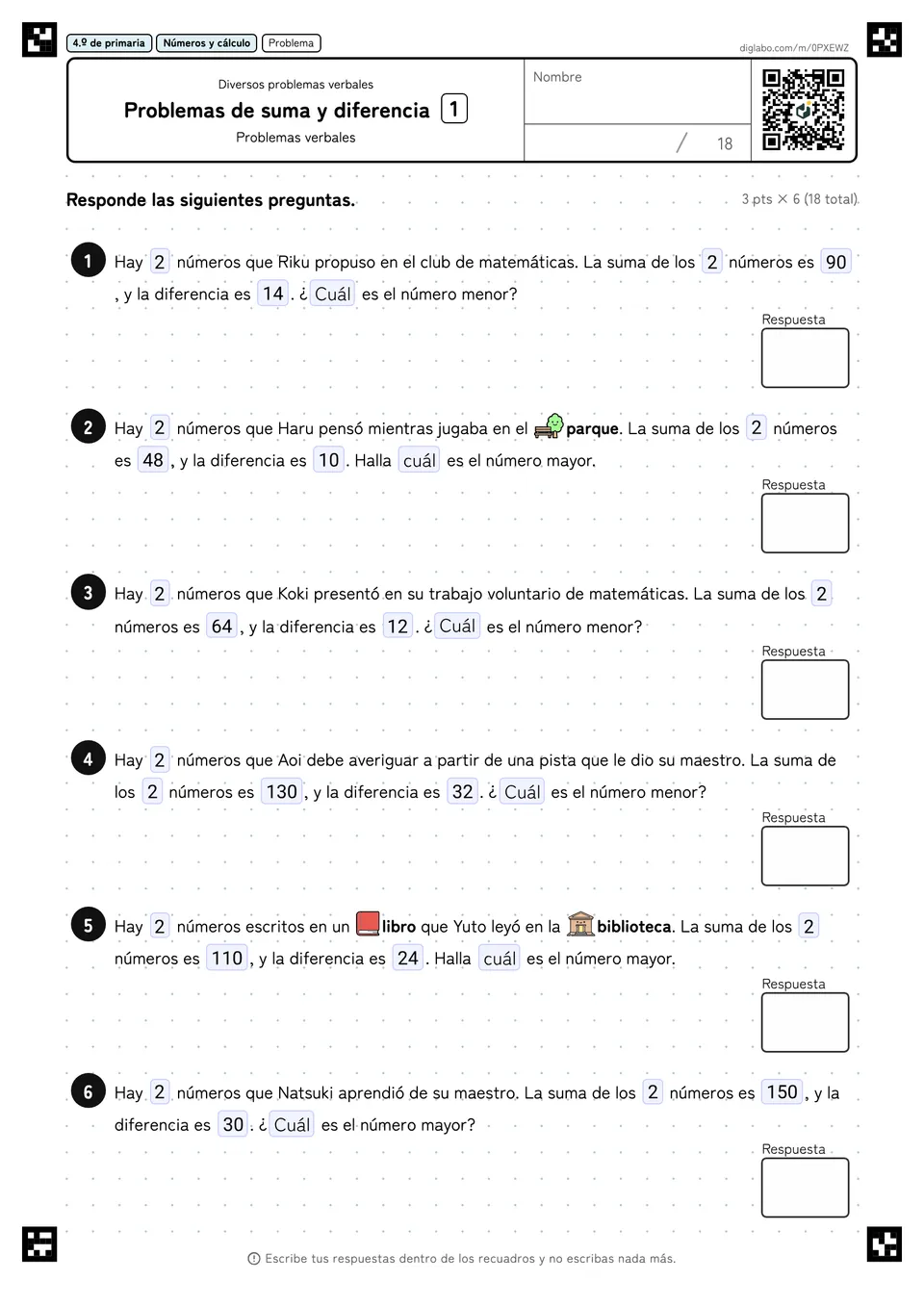 4.º de primaria Diversos problemas verbales Problemas de suma y diferencia