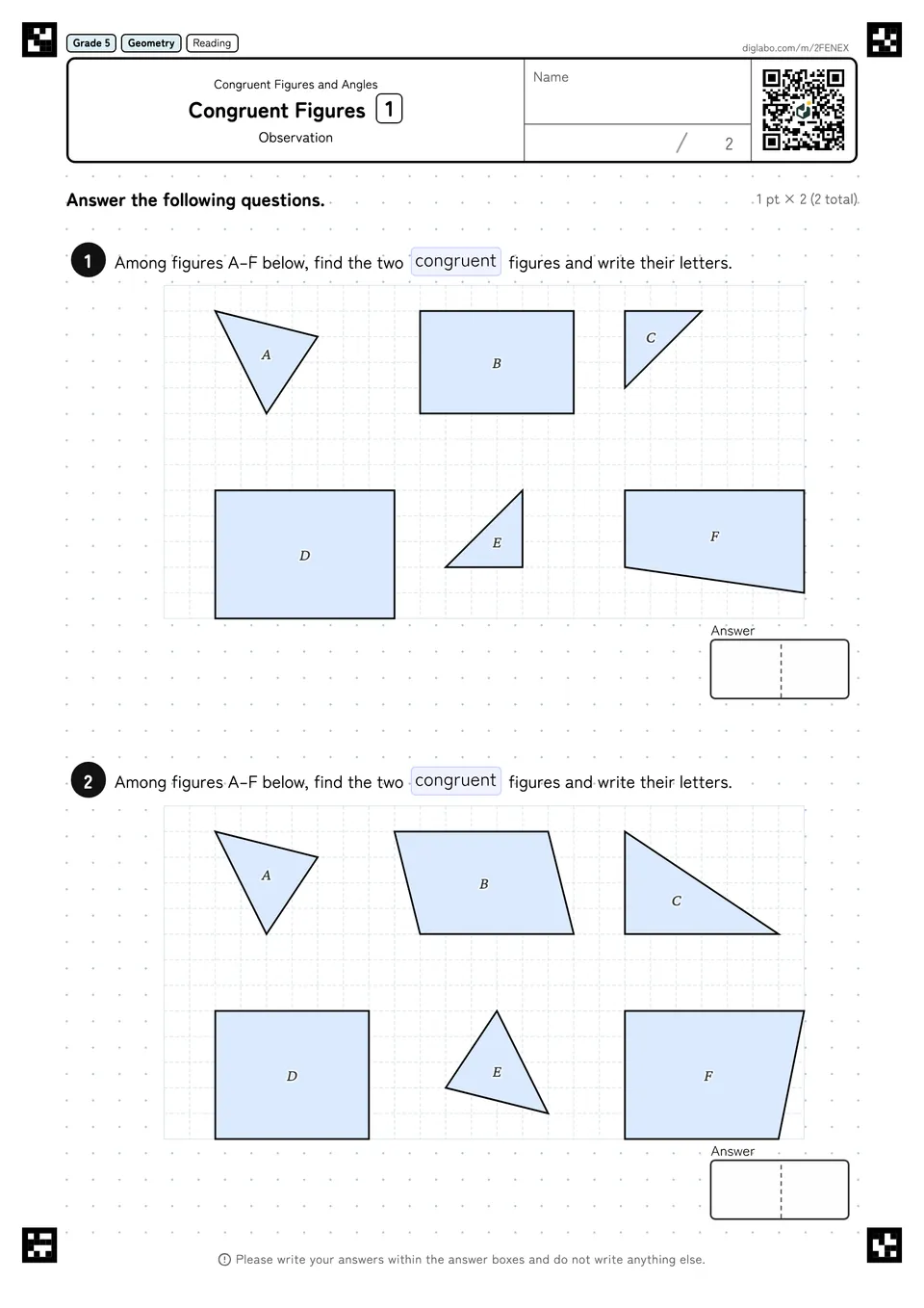 Grade 5 (Elementary School) Congruent Figures and Angles Congruent Figures