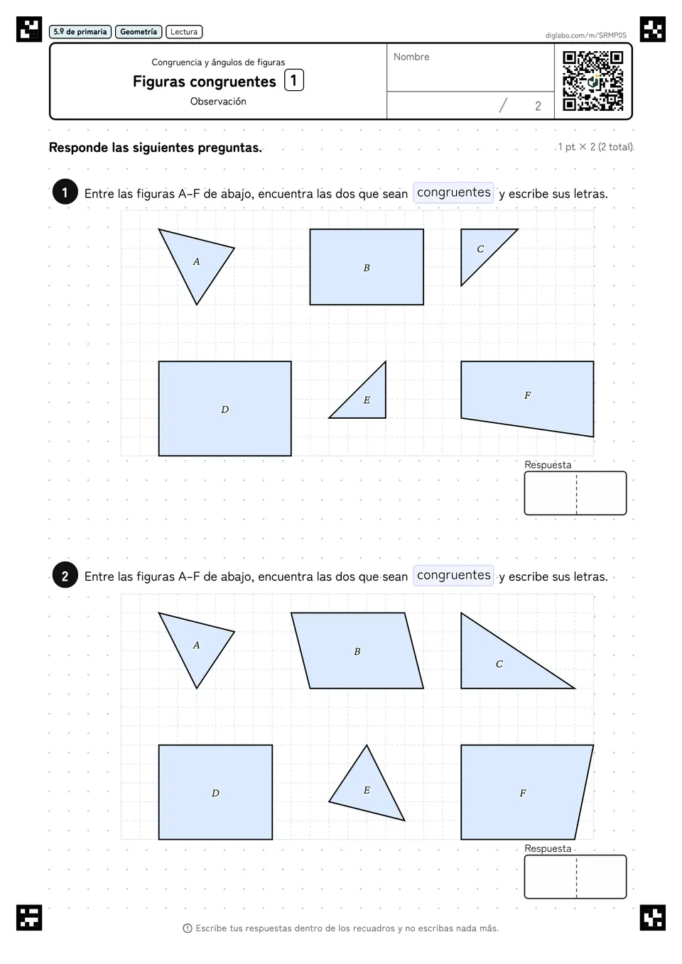 5.º de primaria Congruencia y ángulos de figuras Figuras congruentes