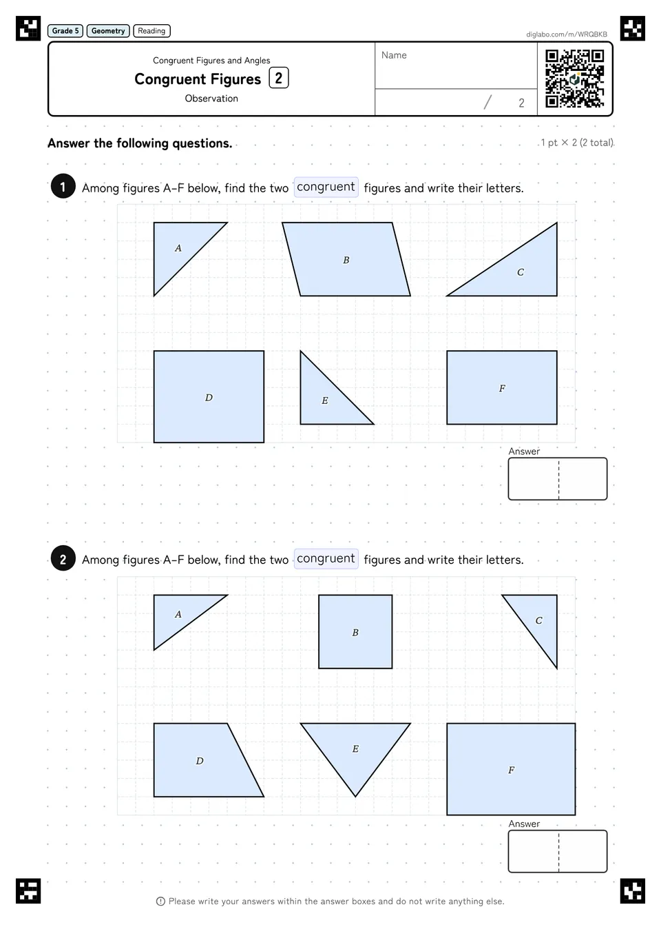 Grade 5 (Elementary School) Congruent Figures and Angles Congruent Figures
