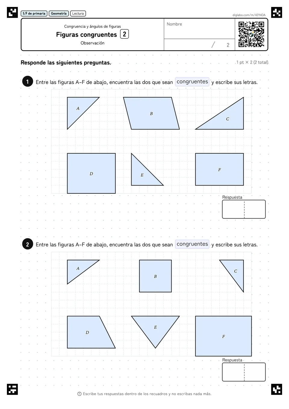 5.º de primaria Congruencia y ángulos de figuras Figuras congruentes
