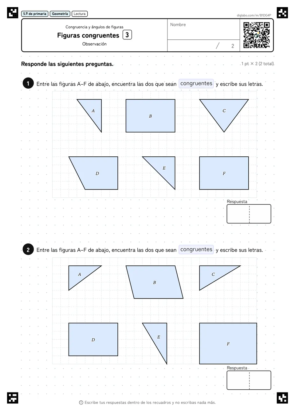 5.º de primaria Congruencia y ángulos de figuras Figuras congruentes