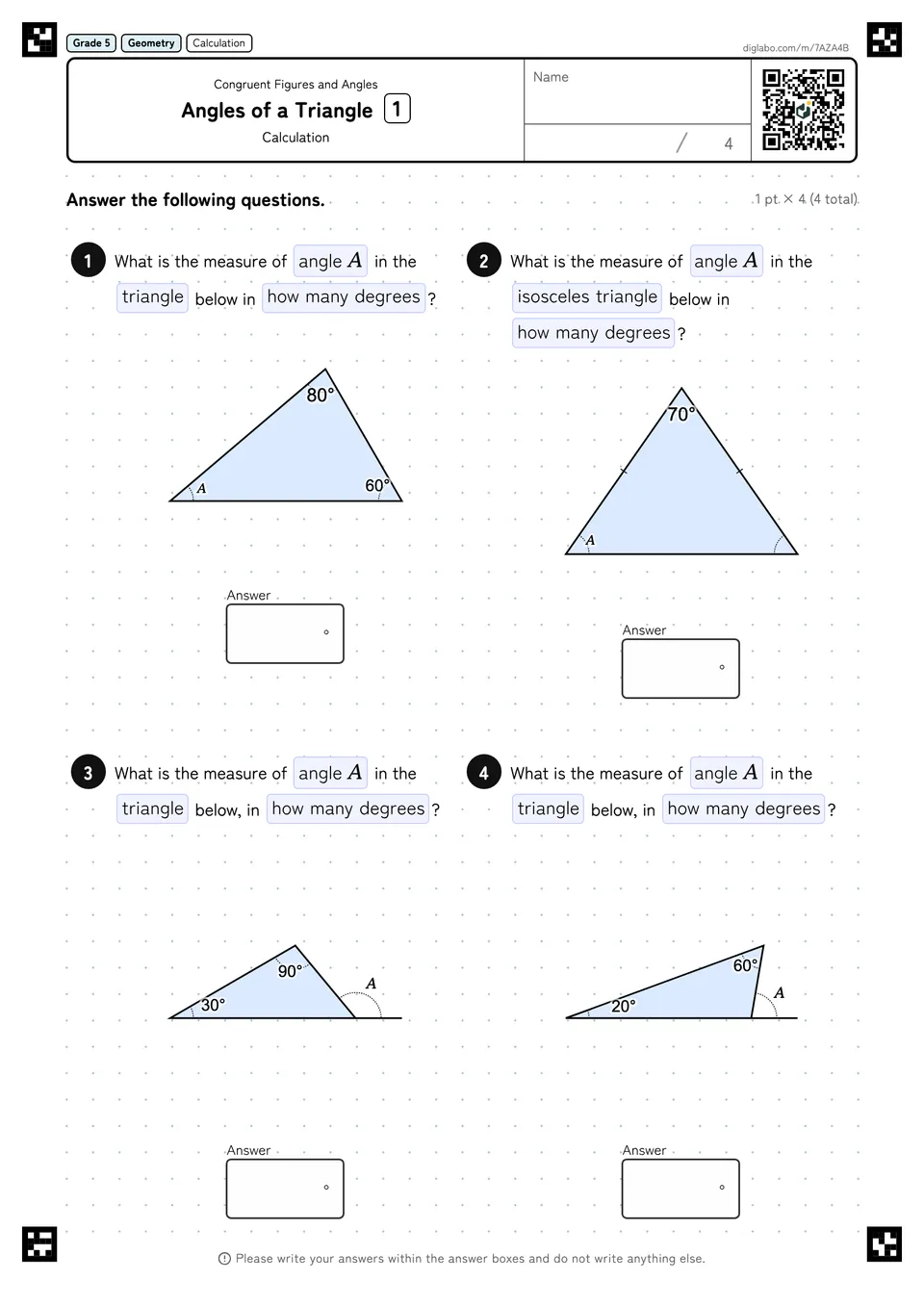 Grade 5 (Elementary School) Congruent Figures and Angles Angles of a Triangle