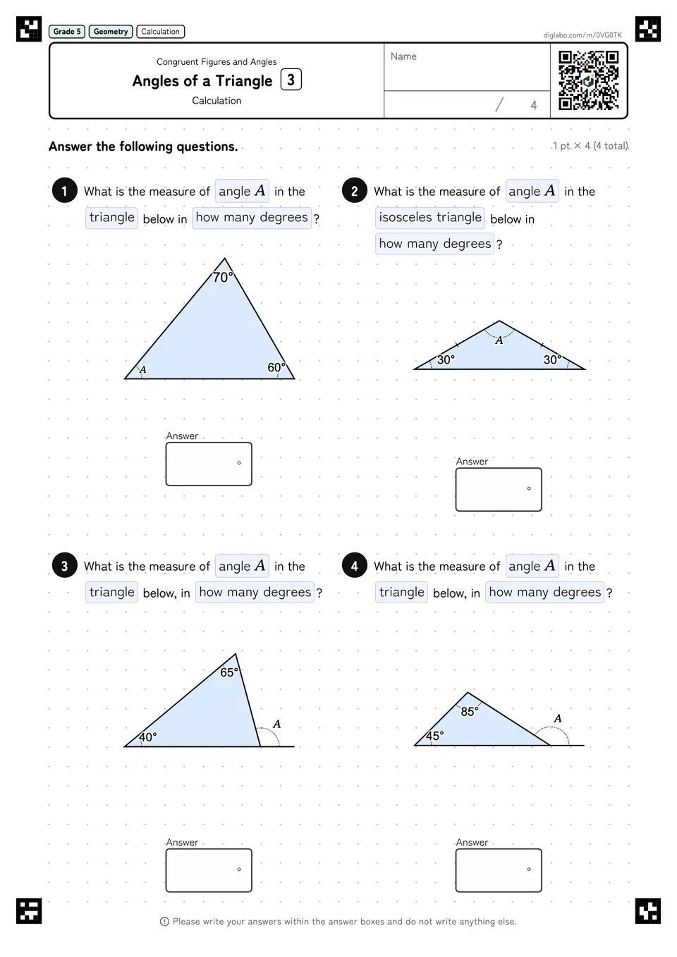 Grade 5 (Elementary School) Congruent Figures and Angles Angles of a Triangle