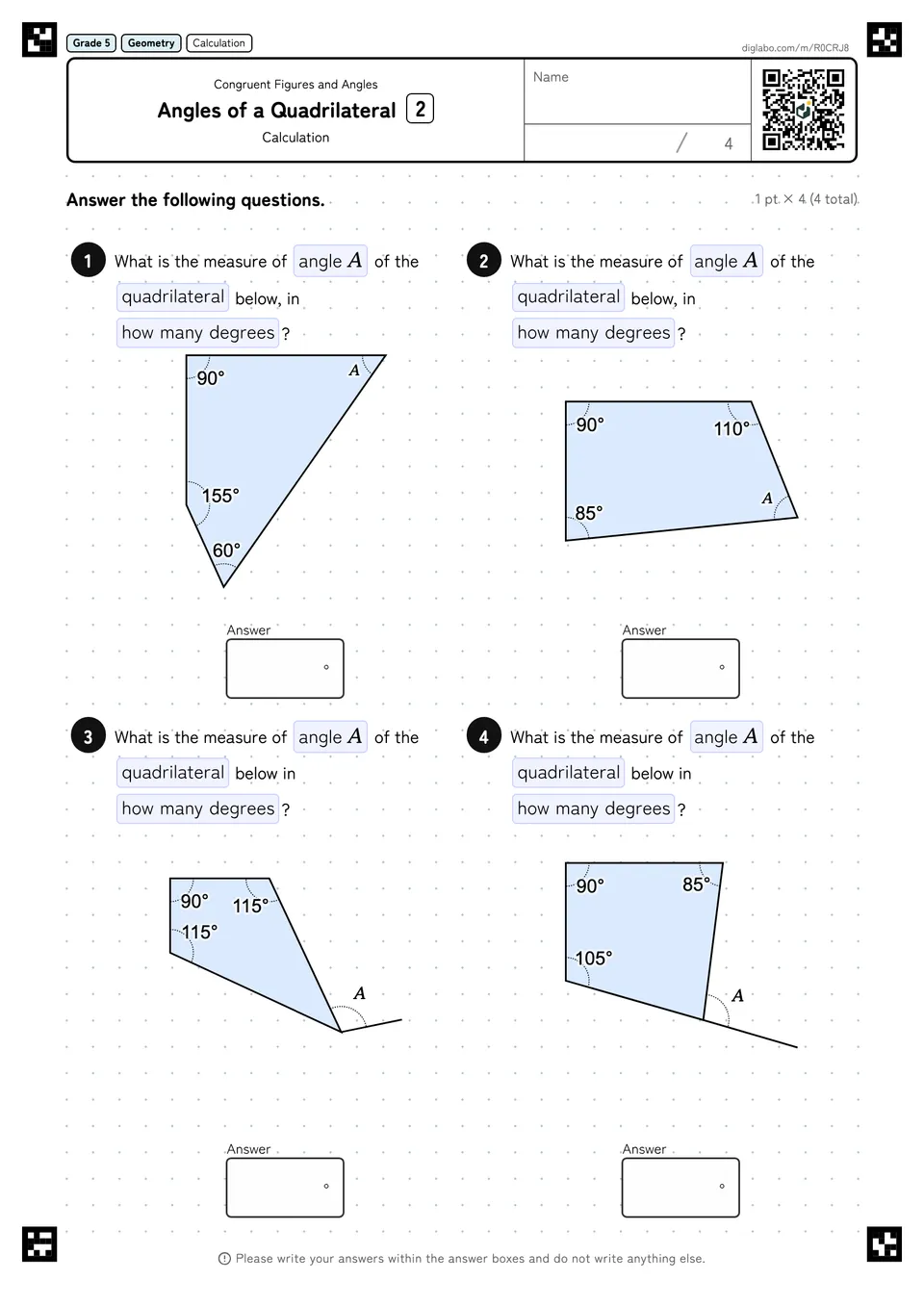 Grade 5 (Elementary School) Congruent Figures and Angles Angles of a Quadrilateral