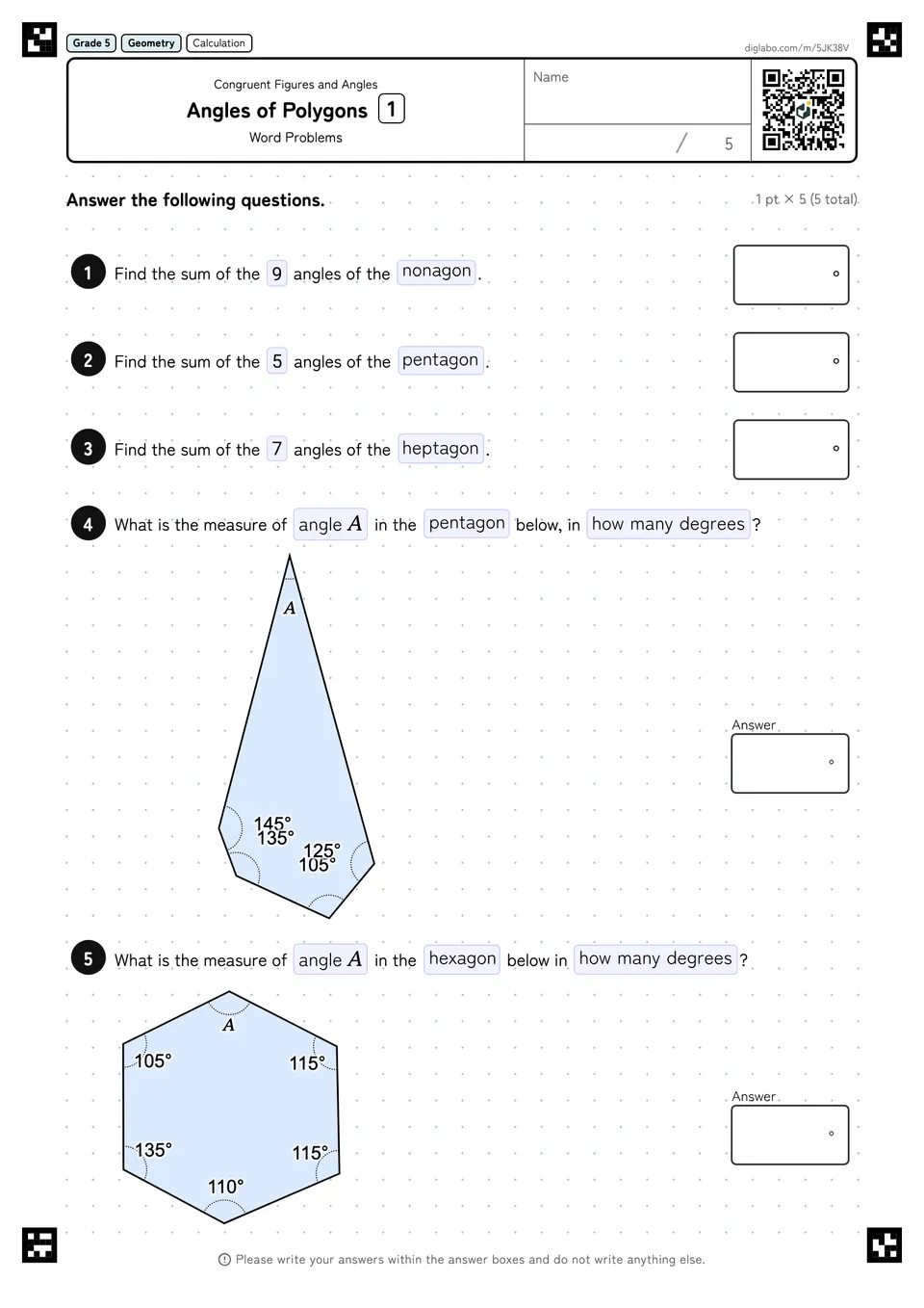 Grade 5 (Elementary School) Congruent Figures and Angles Angles of Polygons