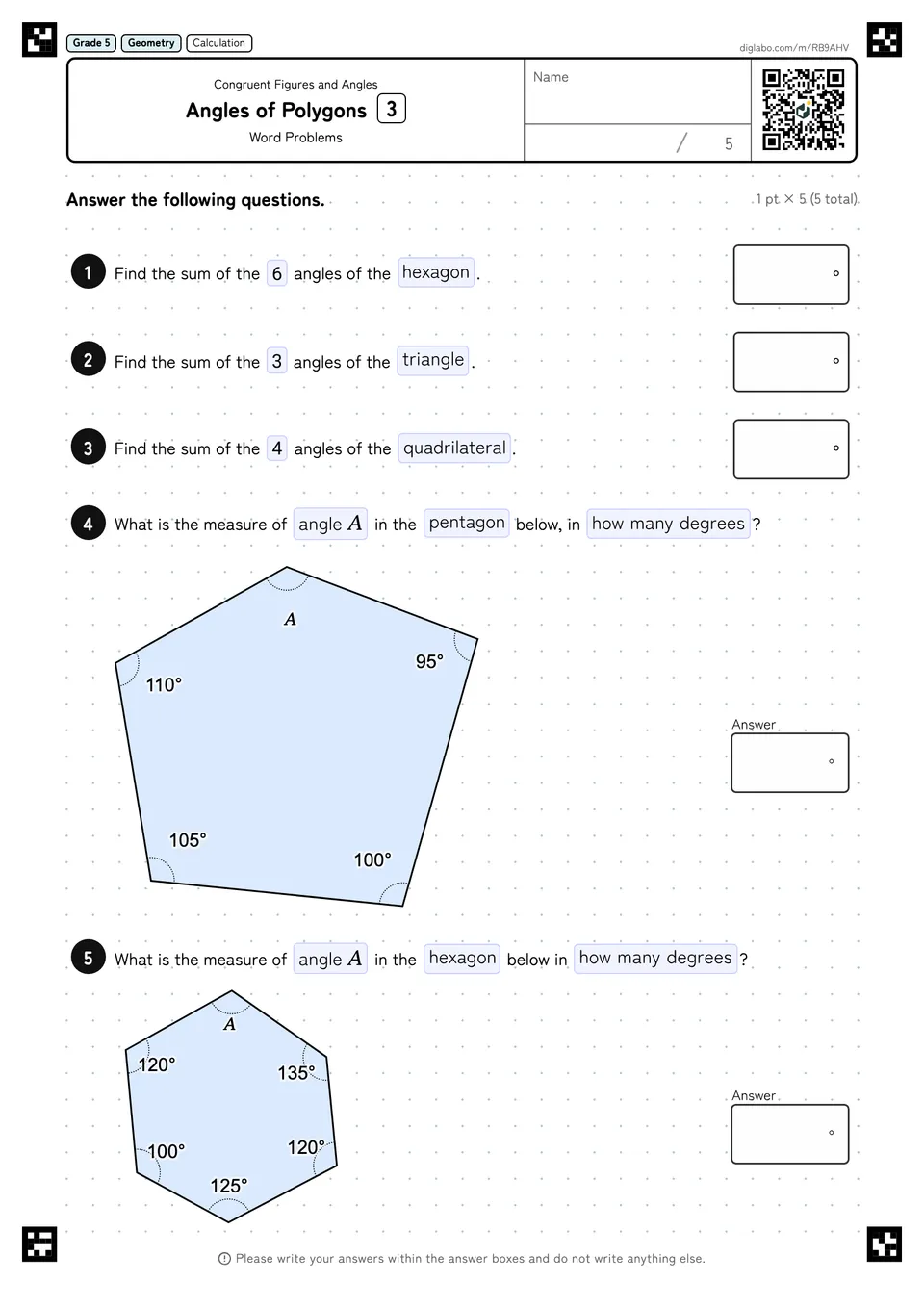 Grade 5 (Elementary School) Congruent Figures and Angles Angles of Polygons