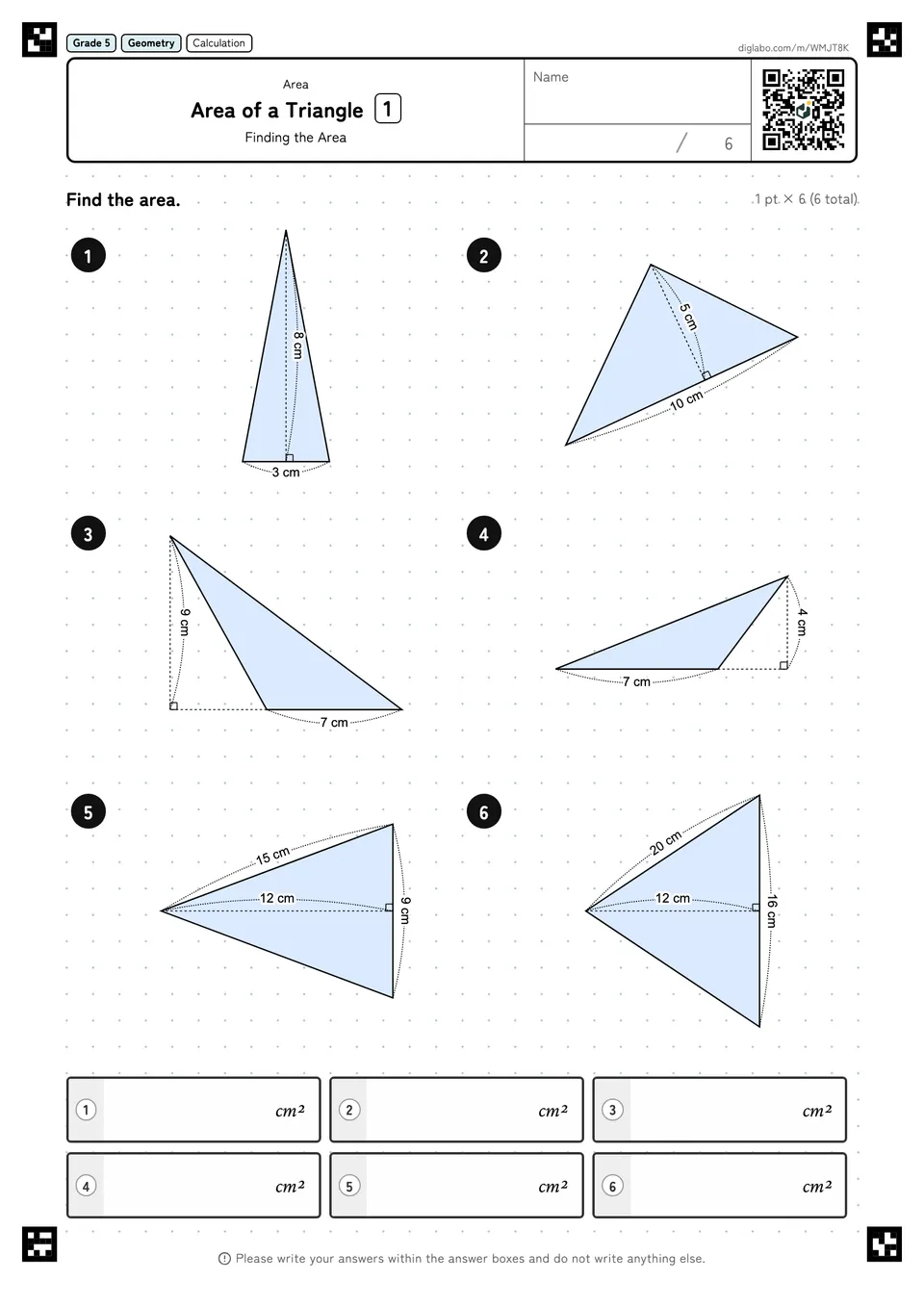 Grade 5 (Elementary School) Area Area of a Triangle