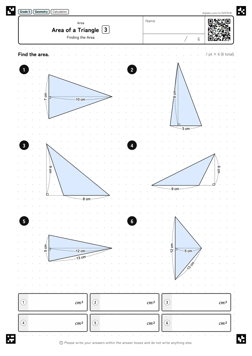 Grade 5 (Elementary School) Area Area of a Triangle