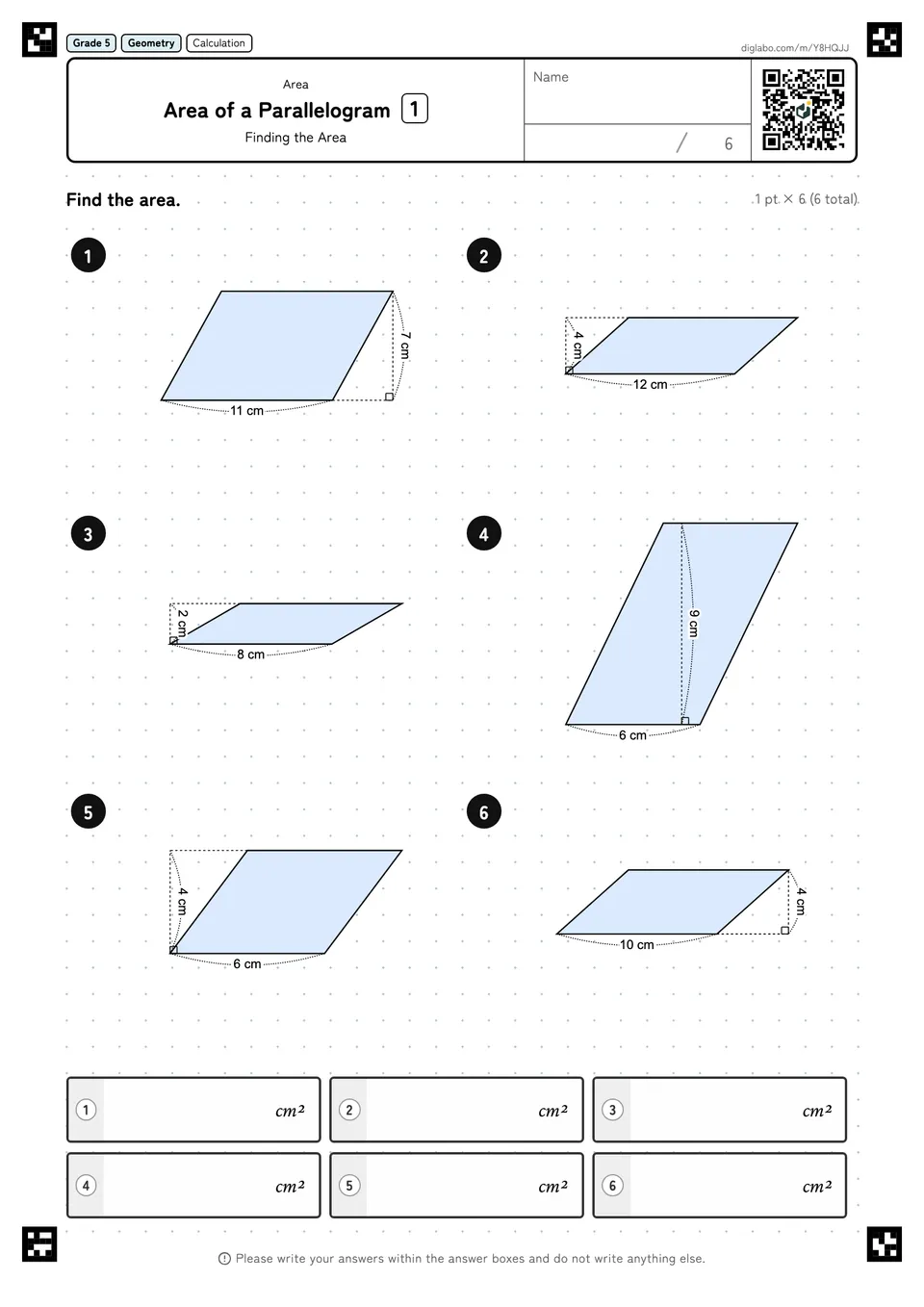 Grade 5 (Elementary School) Area Area of a Parallelogram