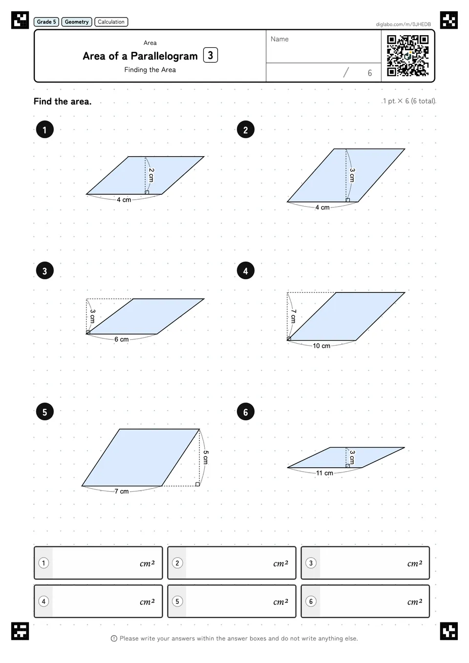 Grade 5 (Elementary School) Area Area of a Parallelogram