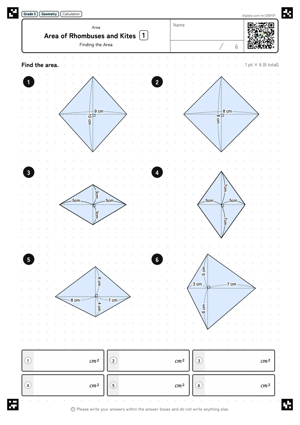 Grade 5 (Elementary School) Area Area of Rhombuses and Kites
