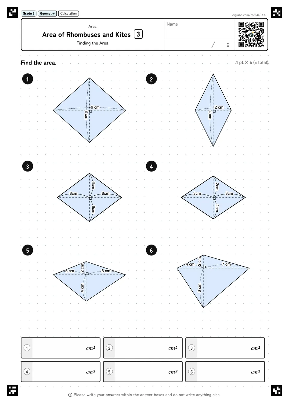 Grade 5 (Elementary School) Area Area of Rhombuses and Kites