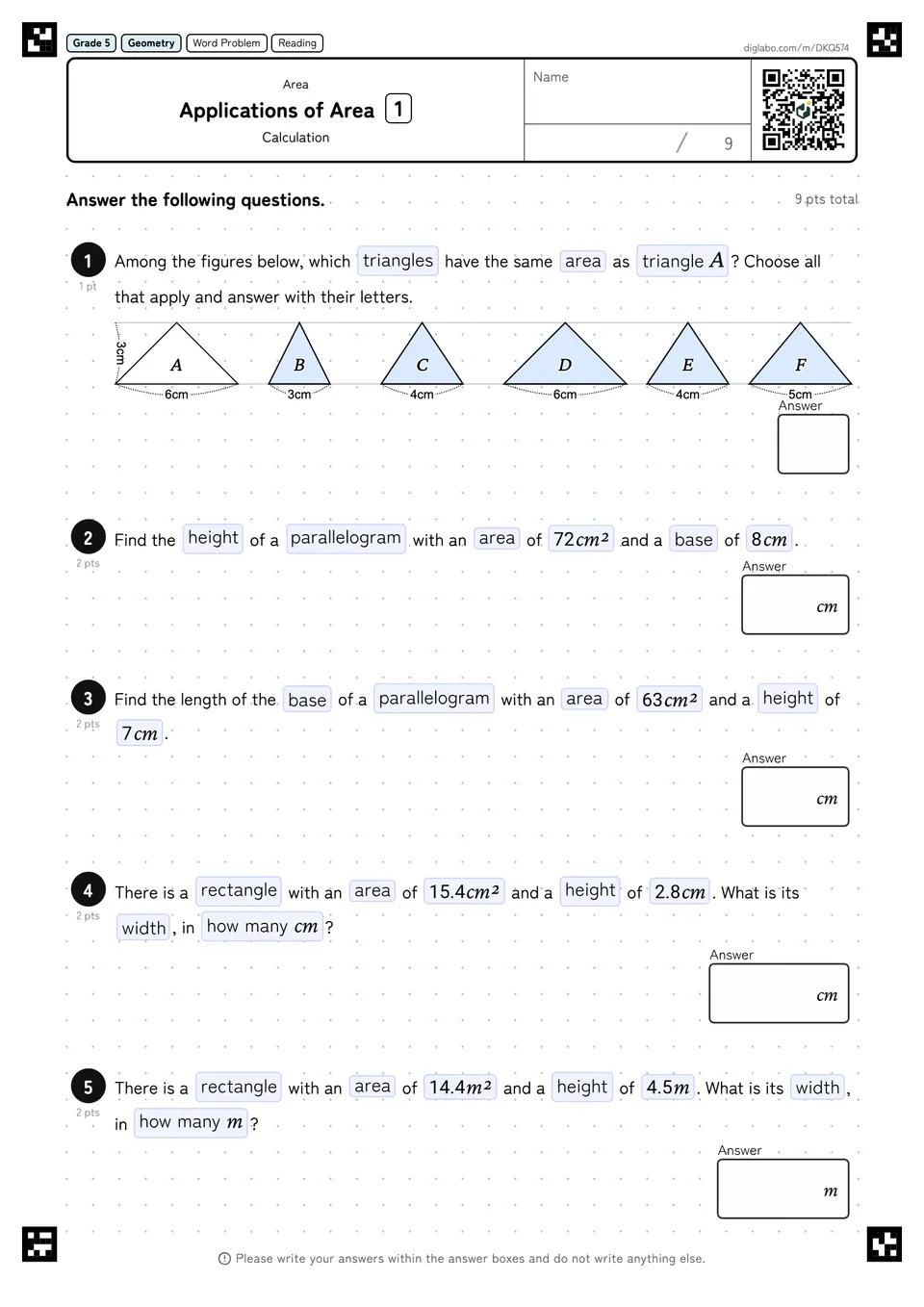 Grade 5 (Elementary School) Area Applications of Area
